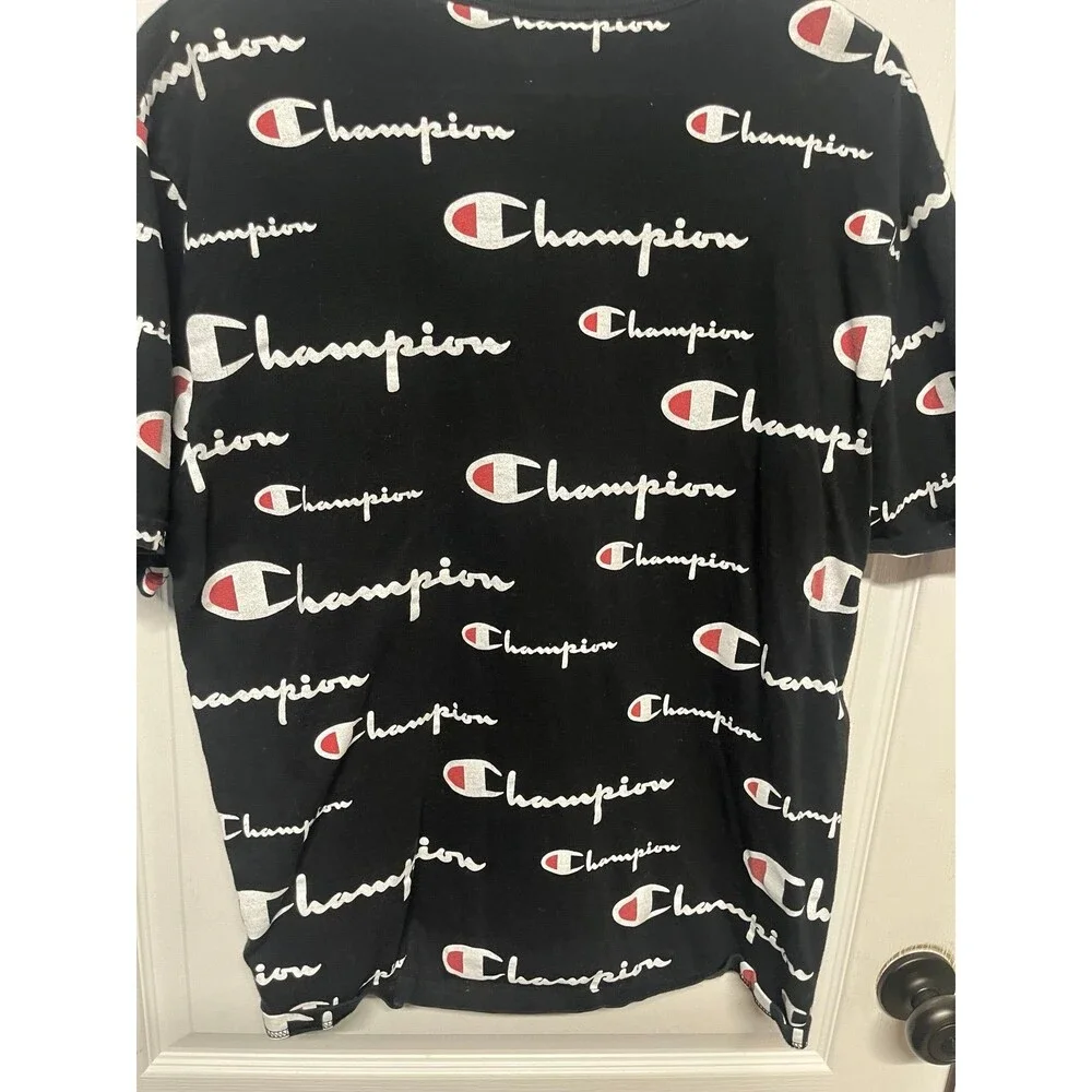 Vintage Champion All Over Print Logo T-Shirt Black Graphic Tee Size Large - Picture 5 of 5